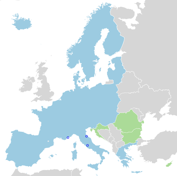 แผนที่กลุ่มประเทศเชงเก้น (สีฟ้าในภาพ) ข้อมูลจาก Wikipedia