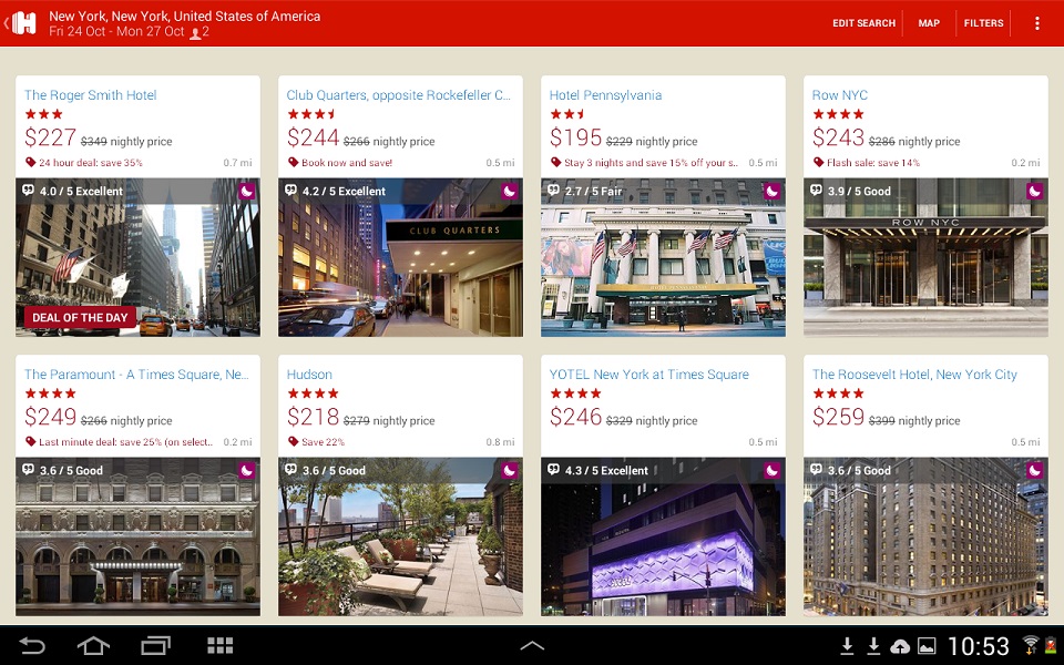 ภาพตัวอย่างหน้าจอแอพของ Hotels.com ที่ออกแบบได้โดนใจผู้บริโภค