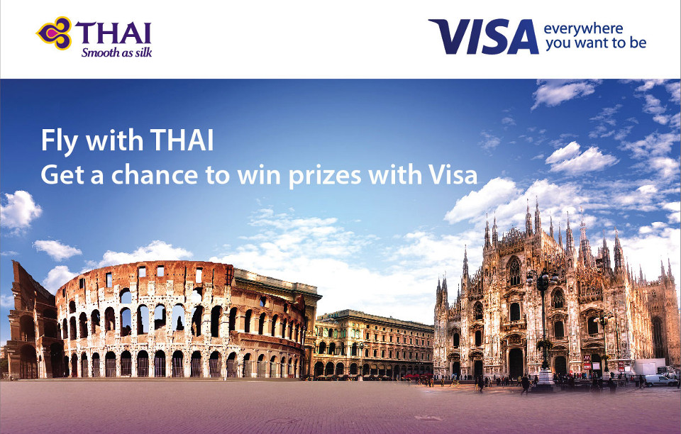 ภาพโฆษณาเส้นทางบินกรุงโรม-มิลาน ของการบินไทยร่วมกับ Visa