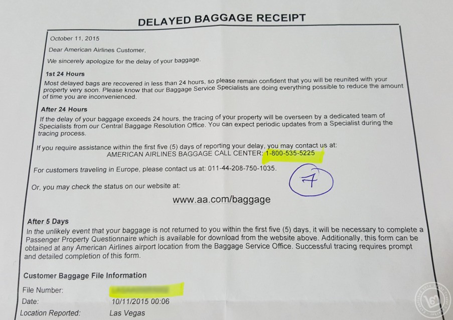 Delayed Baggage Receipt