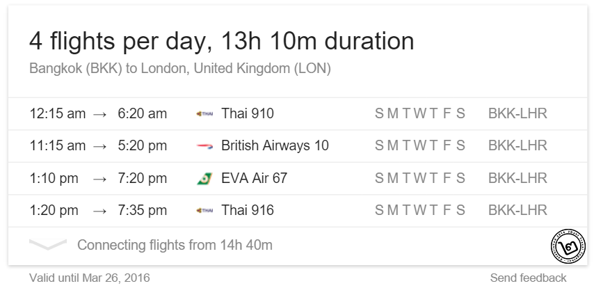 คำสั่ง Google Flight แสดงตารางการบิน