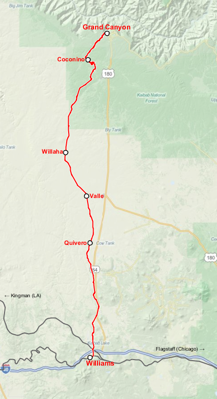 แผนที่ Grand Canyon Railway (ภาพจาก Wikipedia/Jkan997)