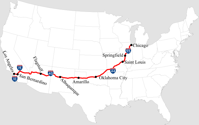 แผนที่เส้นทาง Route 66 (ภาพจาก Wikipedia)