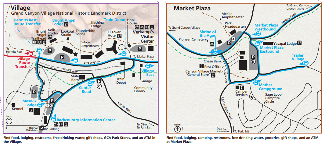 แผนที่ Grand Canyon Village และ Market Plaza (คลิกเพื่อดูภาพขนาดเต็ม)