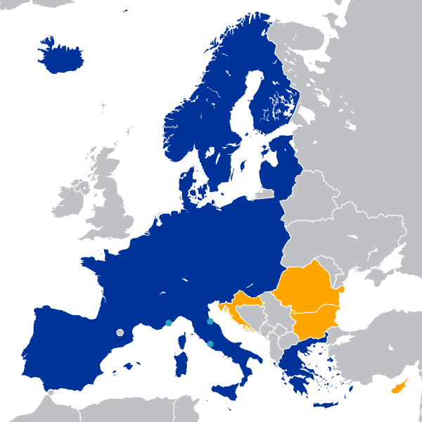 แผนที่กลุ่มประเทศเชงเก้น (Schengen Area) ภาพจาก Wikipedia