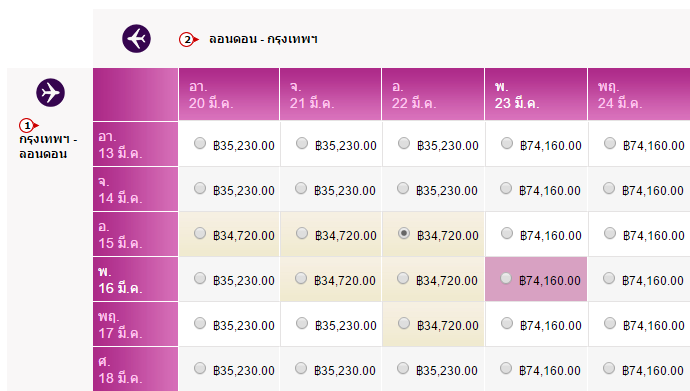 ตัวอย่างราคาตั๋วกรุงเทพ-ลอนดอน บนหน้าเว็บการบินไทย