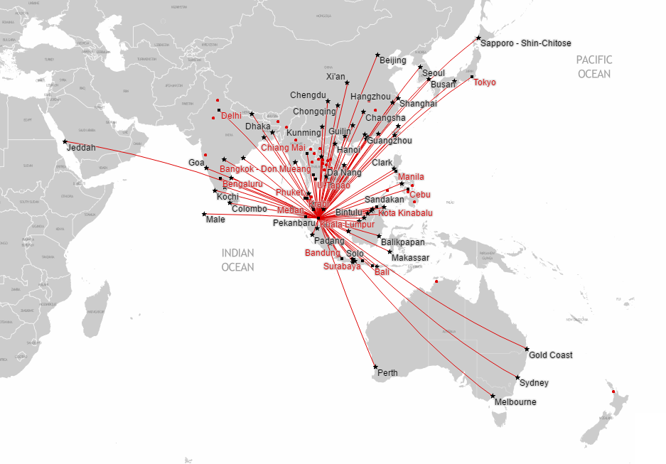เส้นทางบินของ AirAsia (บางส่วน) ครอบคลุมเอเชียแปซิฟิกตอนล่างเกือบทุกประเทศ