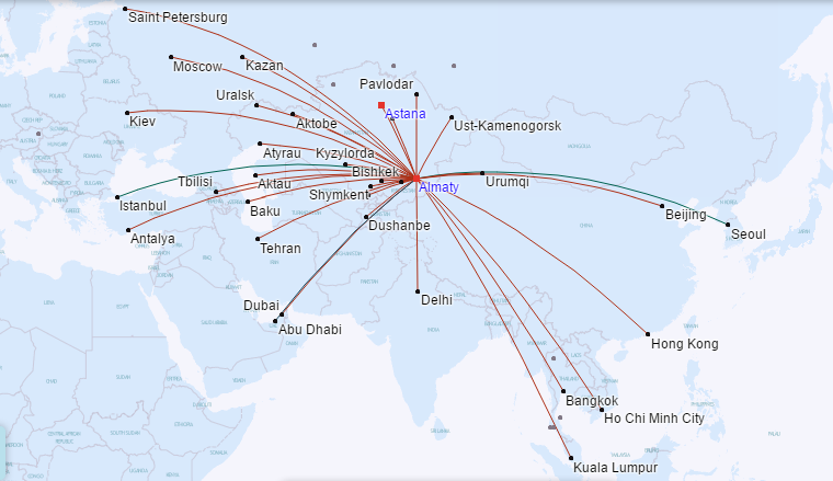 แผนที่เส้นทางบินของ Air Astana (July 2016)