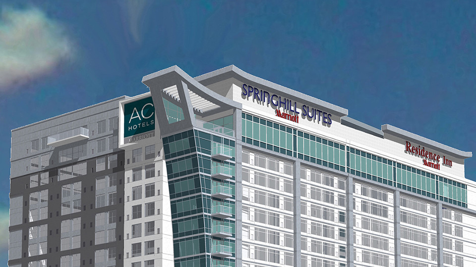 ภาพกราฟิกแสดงตึก 3 แบรนด์โรงแรมของ Marriott