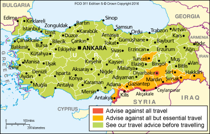 แผนที่เตือนภัยความเสี่ยงของการเดินทางไปยังตุรกี (ภาพจาก UK Government - July 2016)