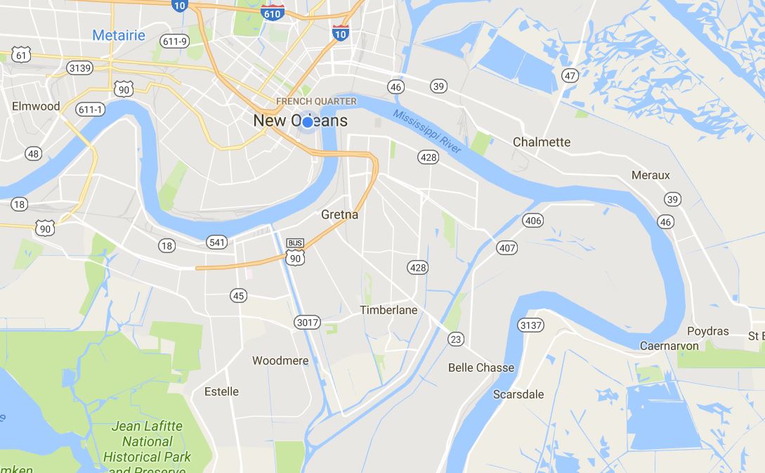 แผนที่เมืองนิวออร์ลีนส์ เห็นแม่น้ำไหลผ่าน