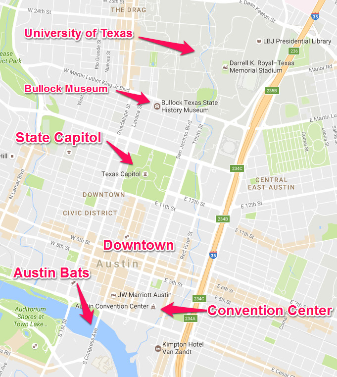 แผนที่สถานที่สำคัญใจกลางเมือง Austin