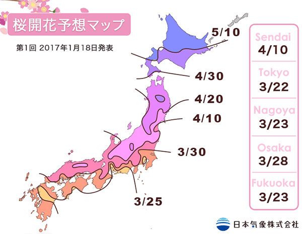 พยากรณ์ซากุระบาน โดย Japan Meteorological ครั้งที่ 1 เมื่อ 18 มกราคม 2017