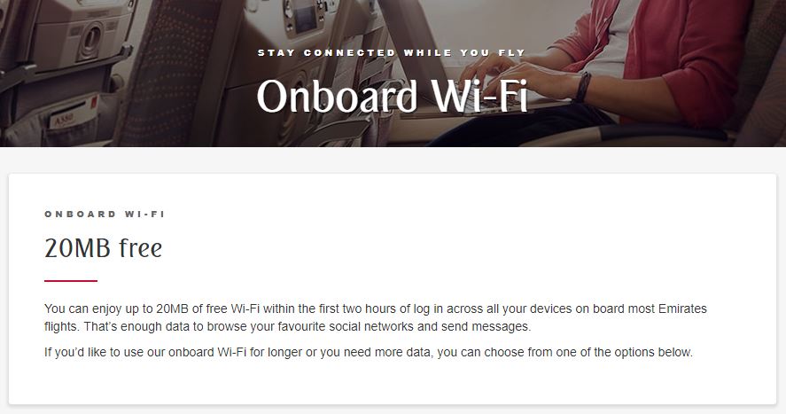 Emirates เพิ่มโควต้าเน็ต Wi-Fi ฟรีบนเครื่องบินเป็น 20MB